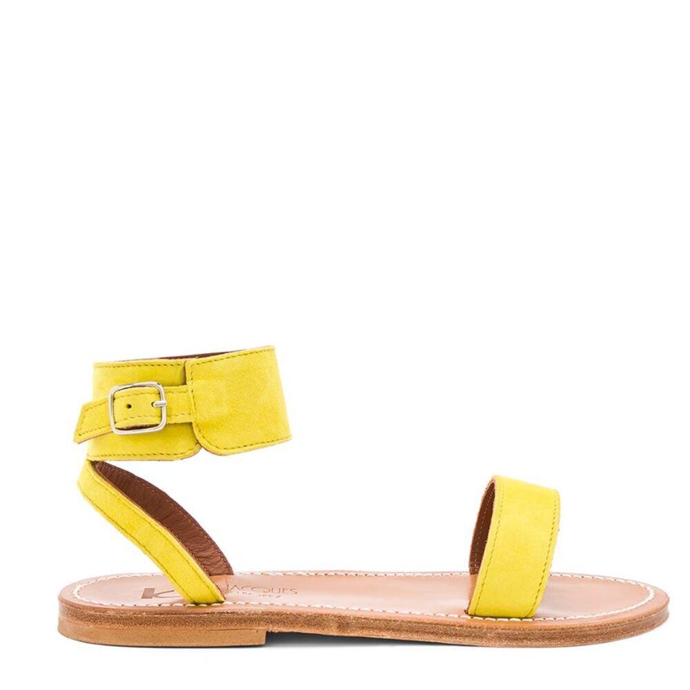 K Jacques Saratoga Sandals Womens 38 8 Yellow Suede Ankle Cuff Buckle Open Toe